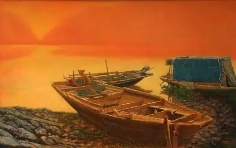 ベトナムの夕日 ボート 海の風景 手描き